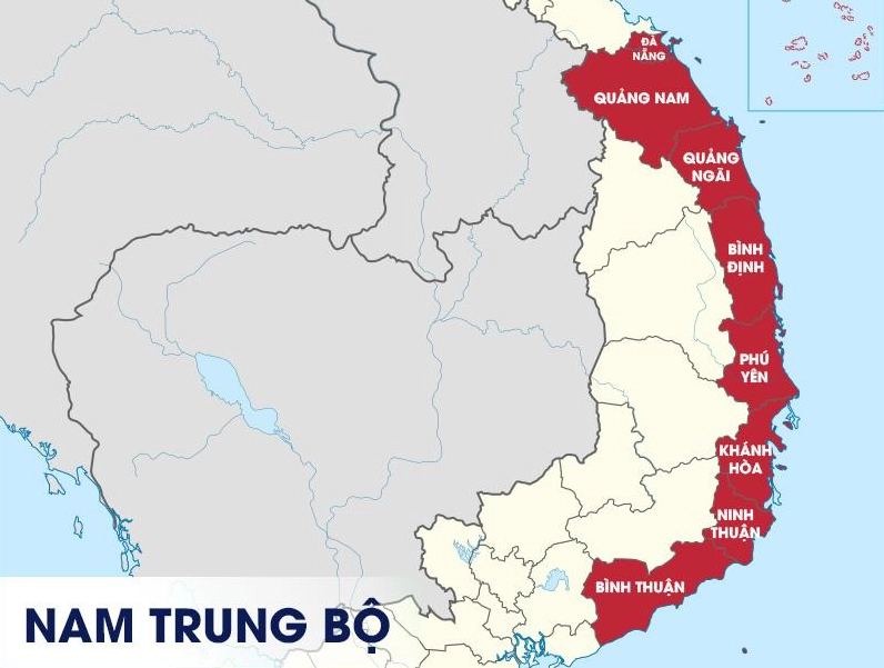 Bản đồ khu vực kinh tế Nam Trung Bộ với 8 tỉnh thành