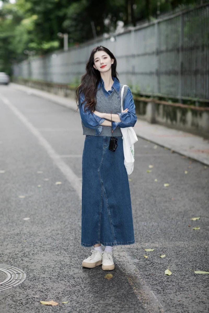 chân váy jean dài mặc sao đẹp