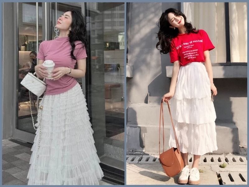 phối đồ chân váy dài cho người thấp