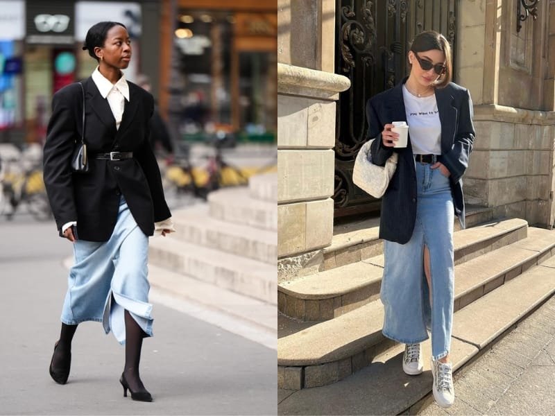 chân váy jean dài phối đồ