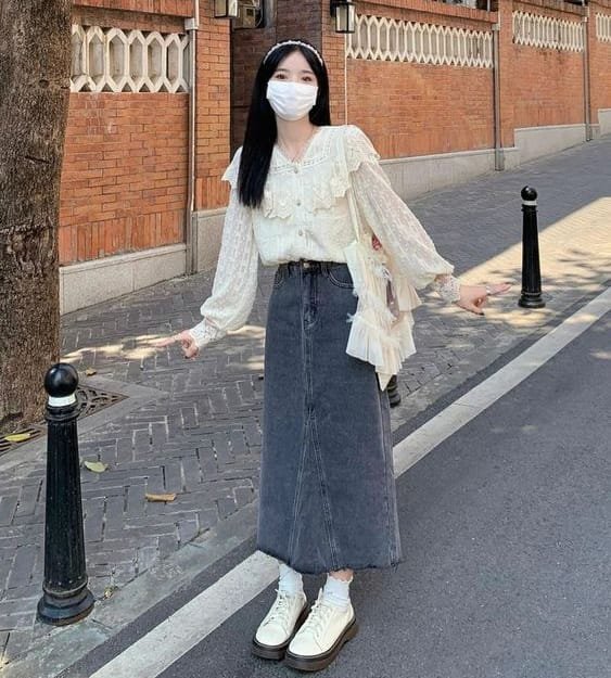 outfit chân váy dài hack dáng