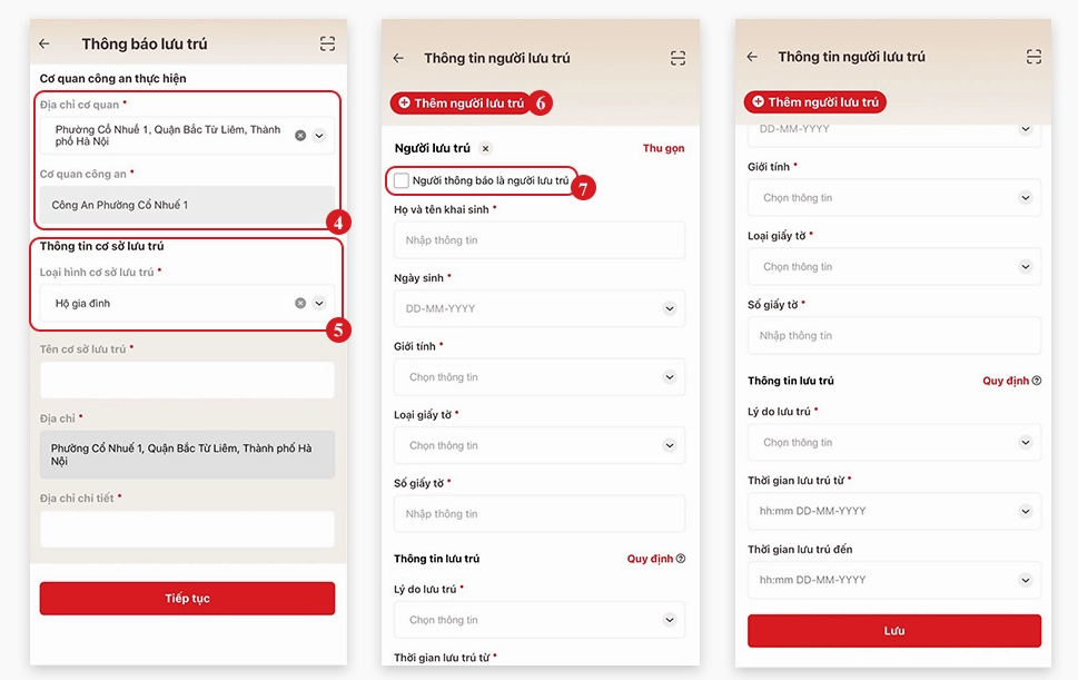 Nhập thông tin thông báo lưu trú theo yêu cầu