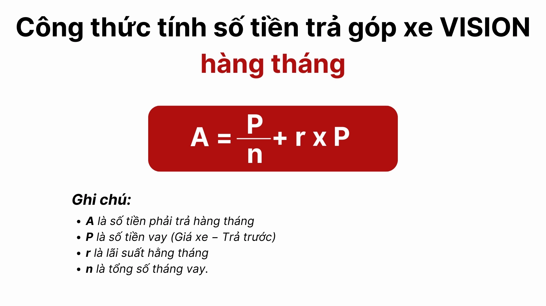 Công thức tính số tiền trả góp hàng tháng xe Vision