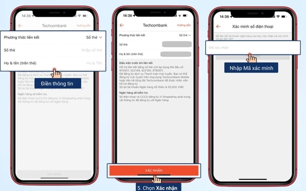 Điền thông tin thẻ ngân hàng, nhập mã xác minh để hoàn thành liên kết ngân hàng với ví điện