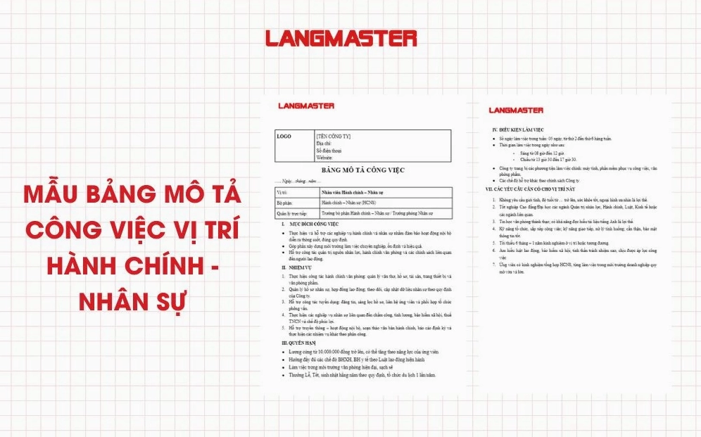 Mẫu bảng mô tả công việc vị trí Hành chính - Nhân sự