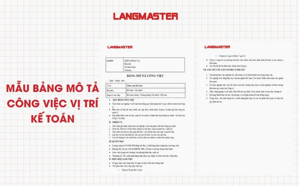 Mẫu bảng mô tả công việc vị trí Kế toán
