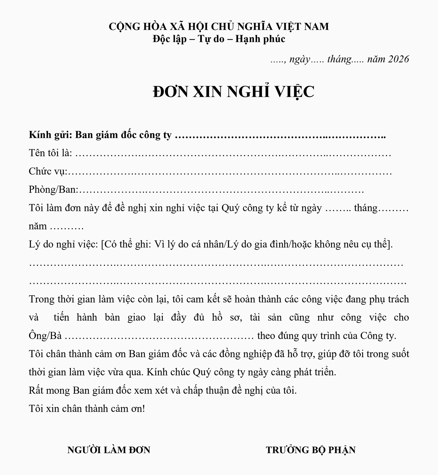 Mẫu đơn xin nghỉ việc vì lý do gia đình