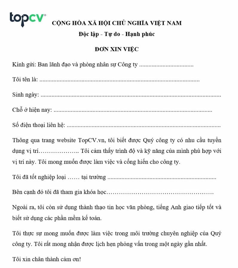 Mẫu đơn xin việc cơ bản cho nhiều ngành nghề
