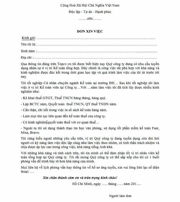 Mẫu đơn xin việc nhân viên Kế toán