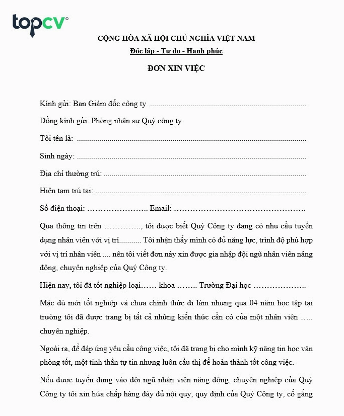 Mẫu đơn xin việc tham khảo cho sinh viên mới ra trường