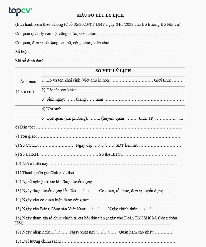 Mẫu sơ yếu lý lịch mới cho cán bộ, công chức, viên chức ban hành kèm Thông tư số 06/2023/TT-BNV