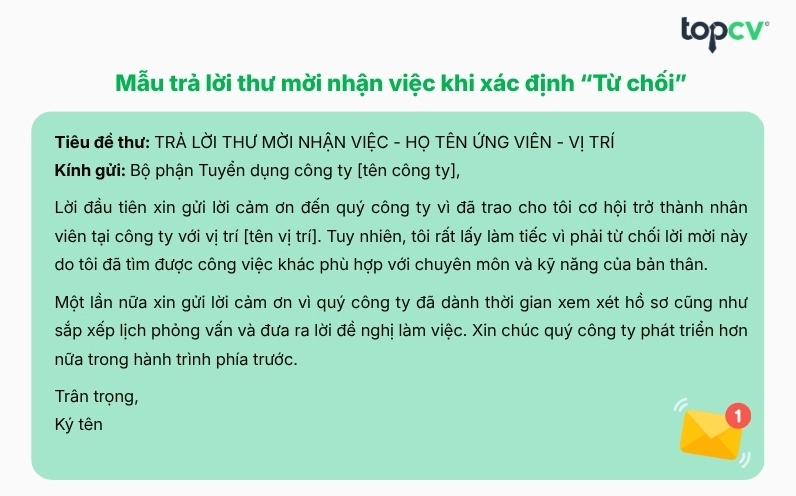 Mẫu trả lời thư mời nhận việc khi xác định “Từ chối”