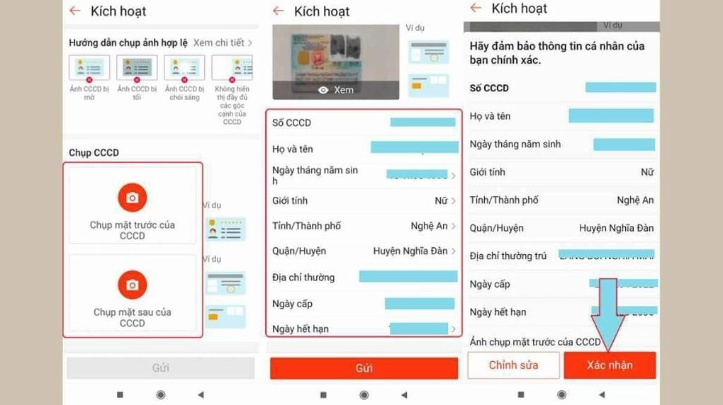 Sau khi chụp đúng 2 mặt CCCD, thông tin khách hàng sẽ hiện ra, bấm gửi và xác nhận để