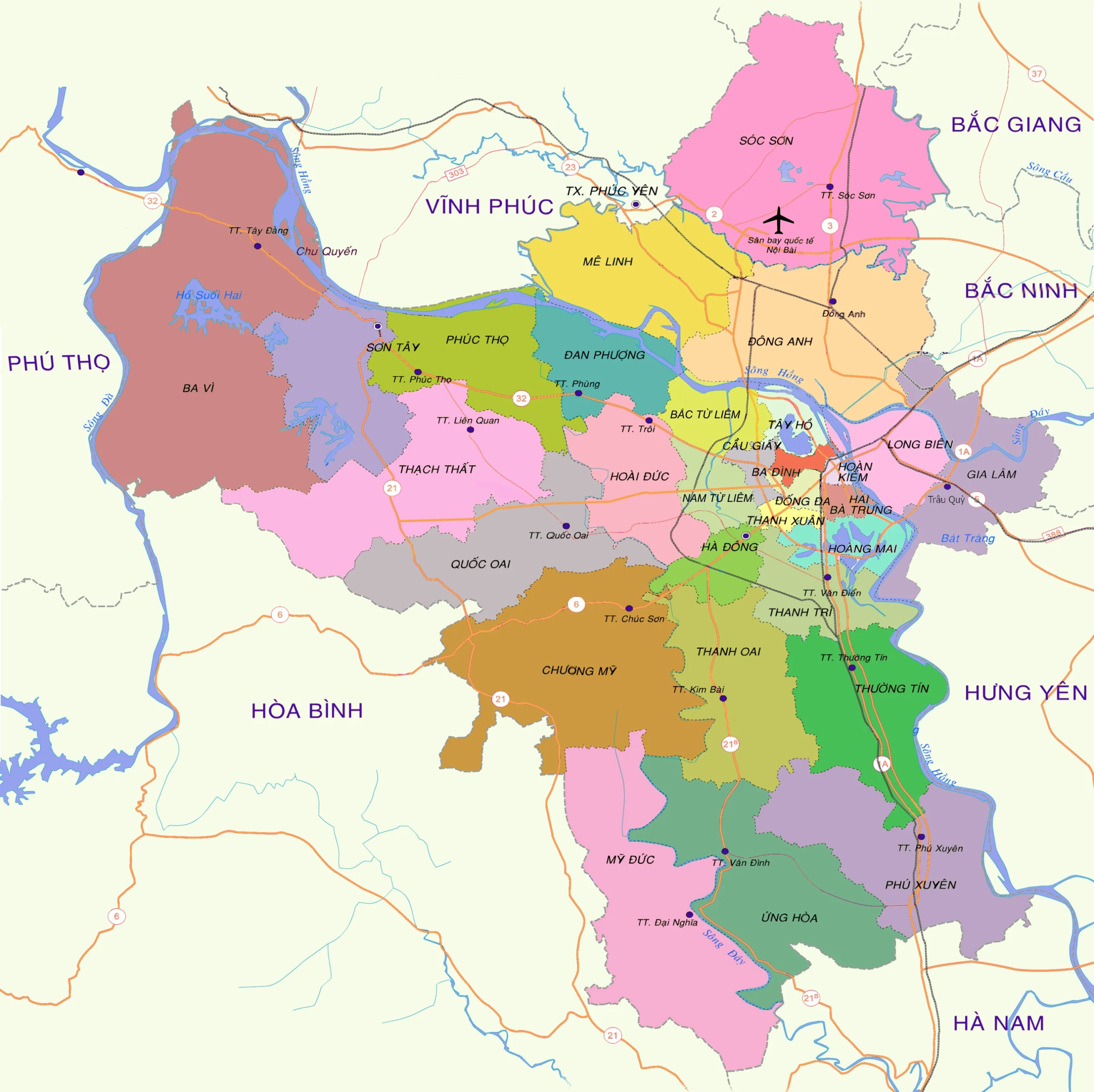 Bản đồ hành chính Hà Nội sau năm 2008