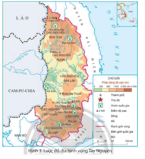 Bản đồ địa lý Việt Nam với vùng Tây Nguyên được đánh dấu