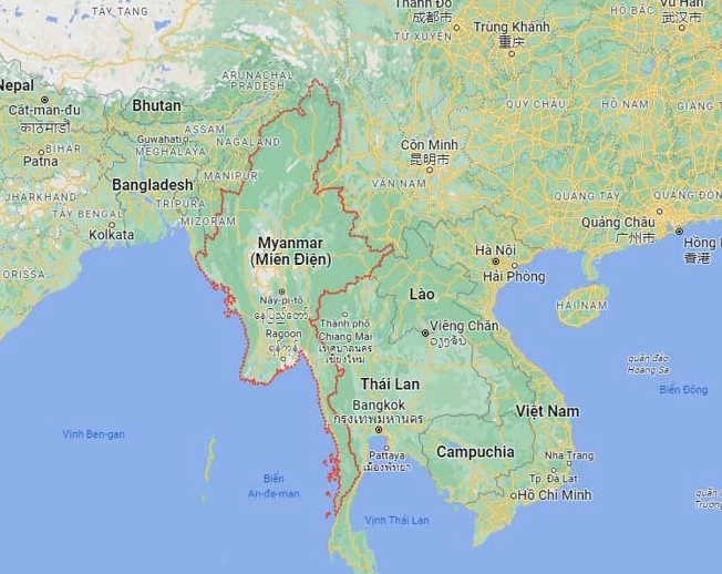 Bản đồ Myanmar thể hiện vị trí địa lý