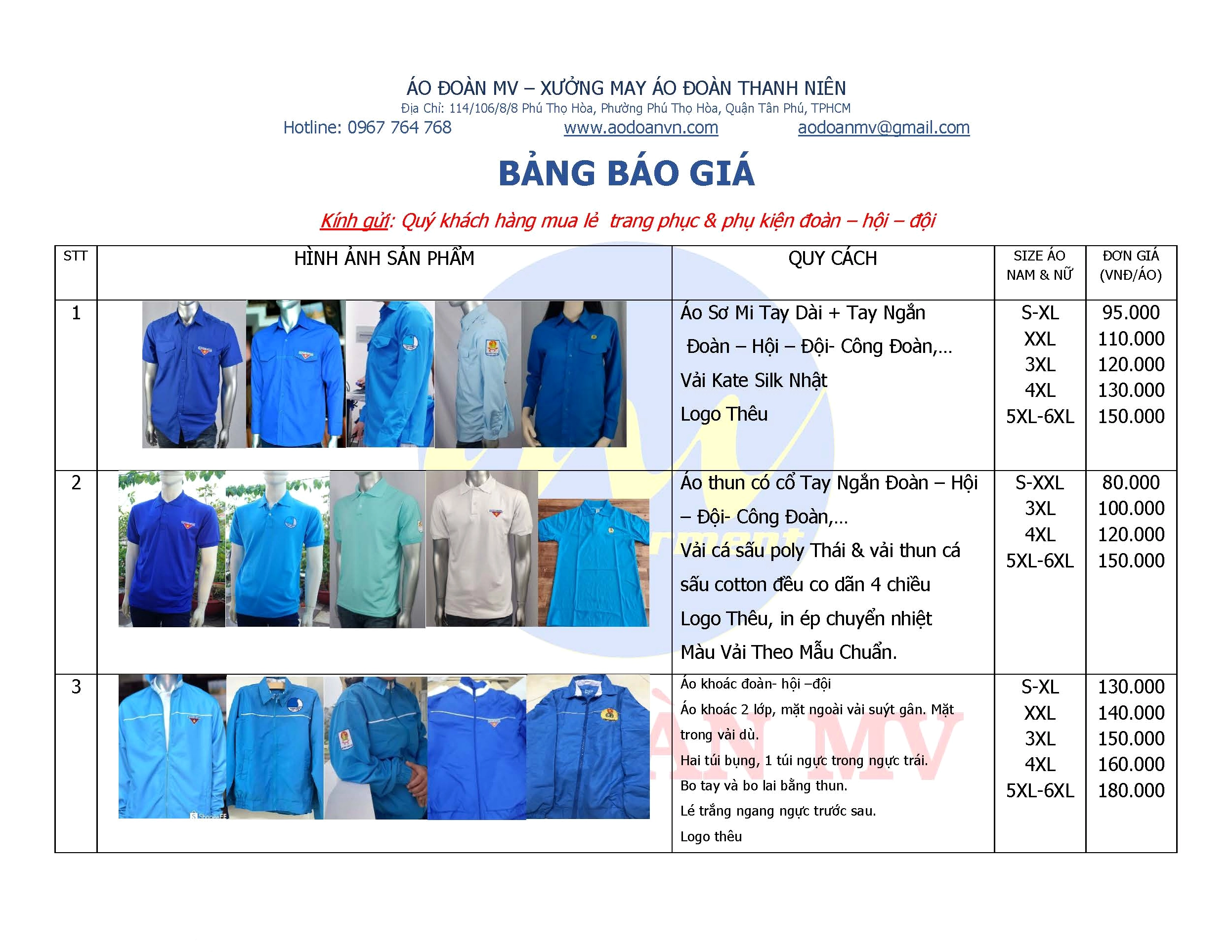 Bảng giá chi tiết áo đoàn thanh niên bán lẻ