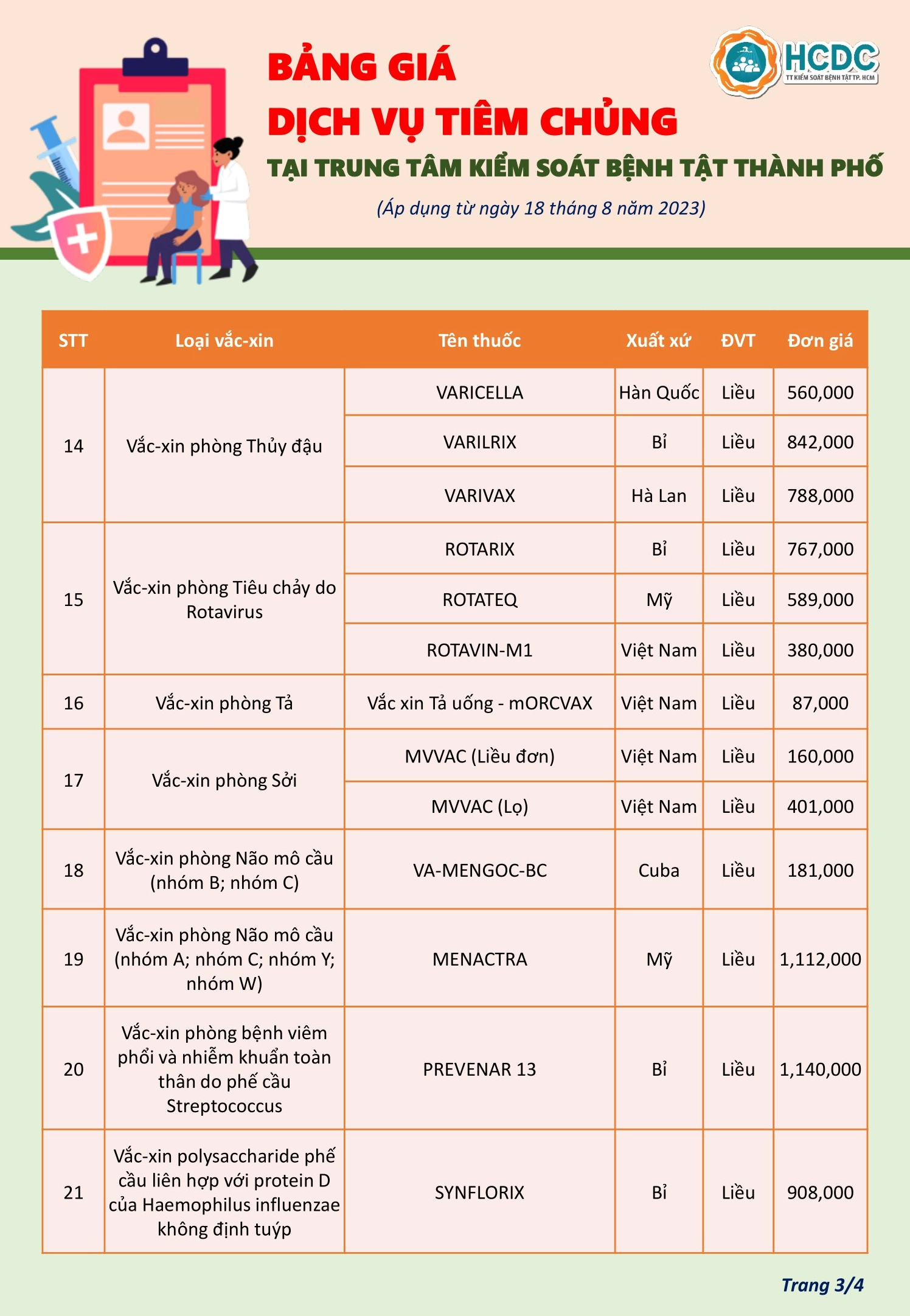 Bảng giá dịch vụ tiêm chủng