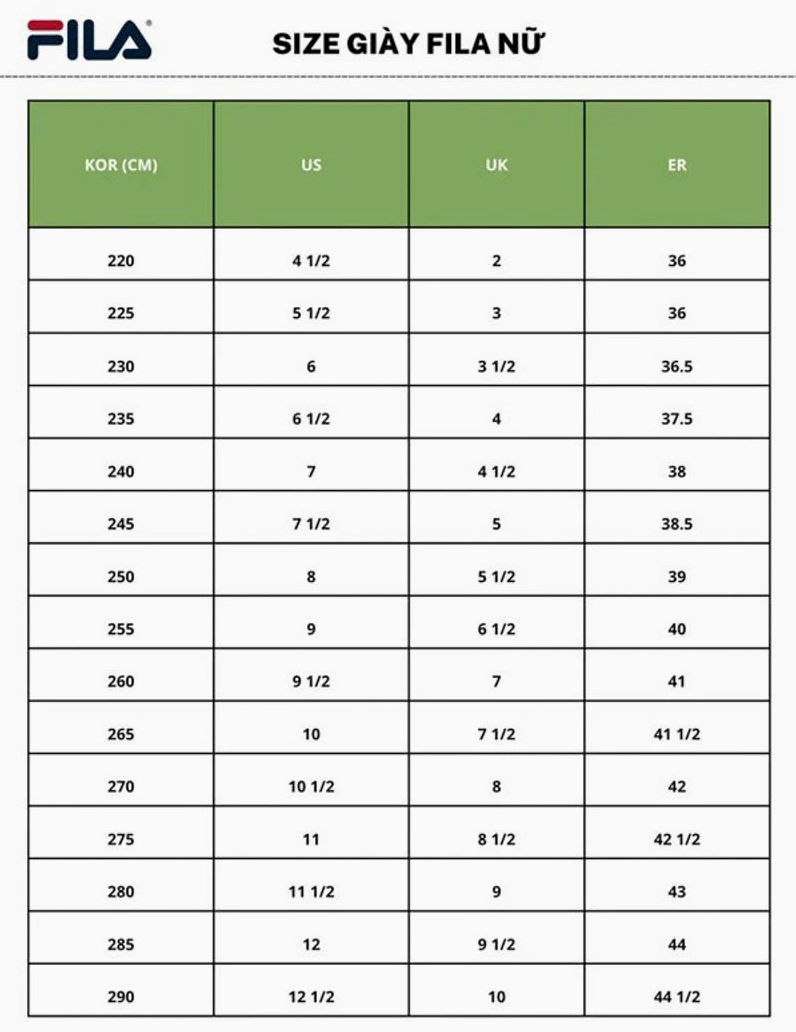 Bảng quy đổi size giày US nữ