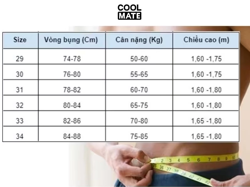 Bảng quy đổi size quần nam theo inch sang size Việt Nam