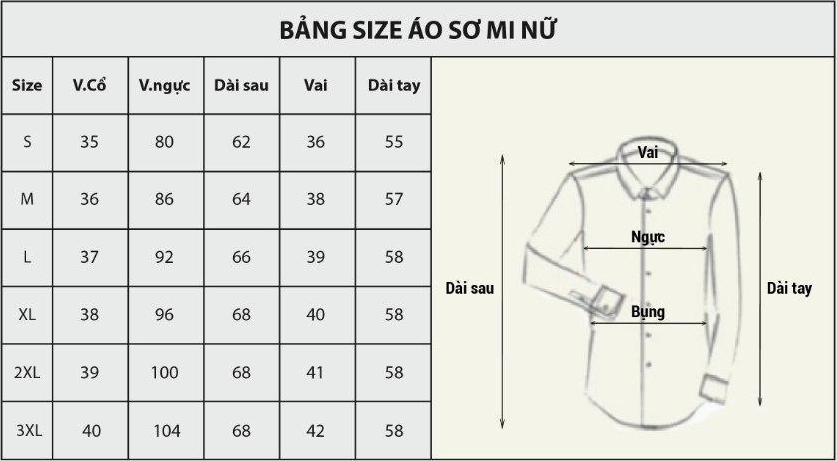 Bảng size áo sơ mi nữ chi tiết