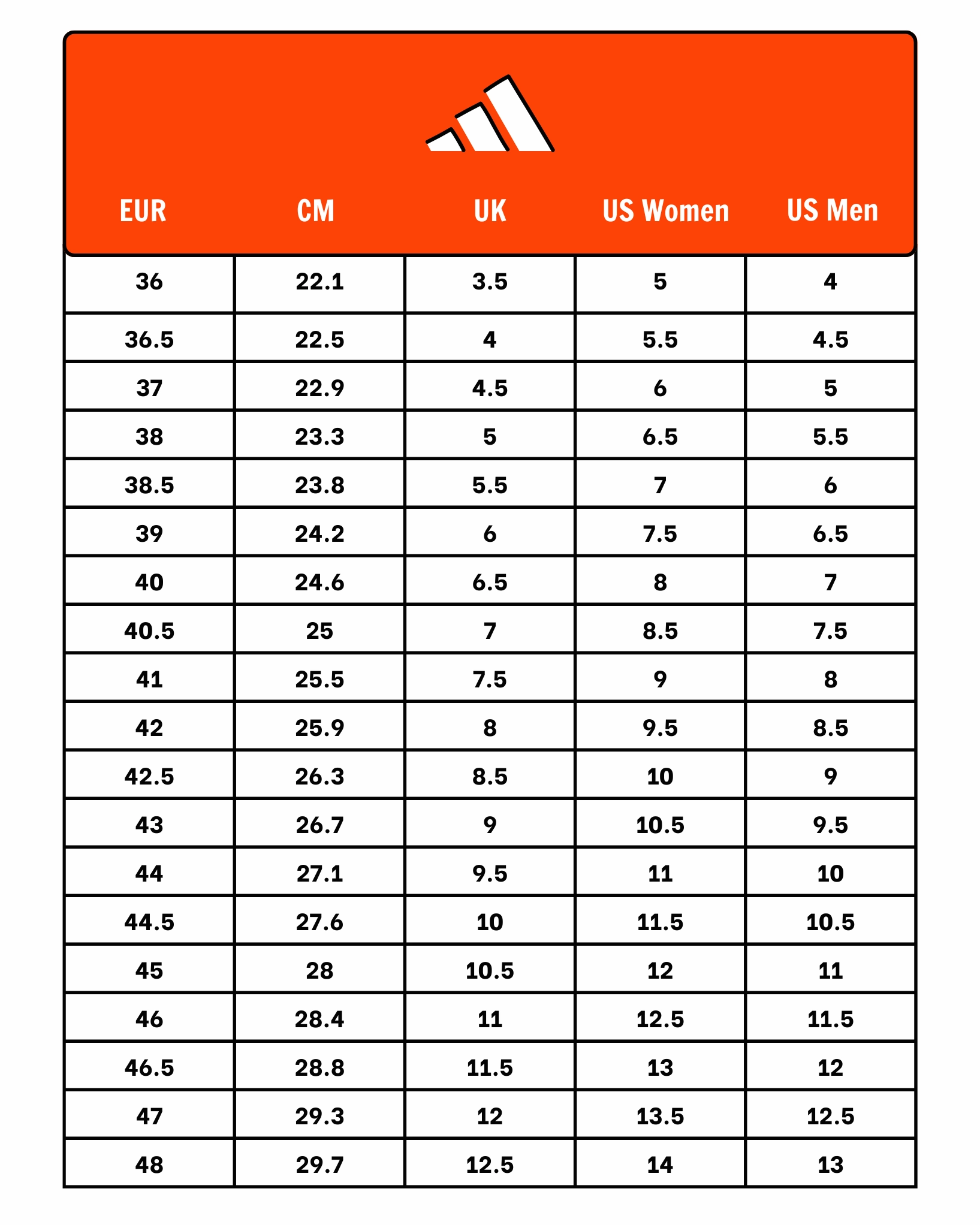 Bảng size dép Adidas cho trẻ em