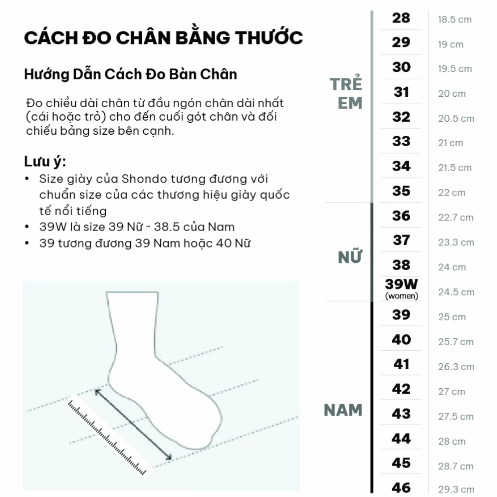 Bảng size giày quốc tế các loại