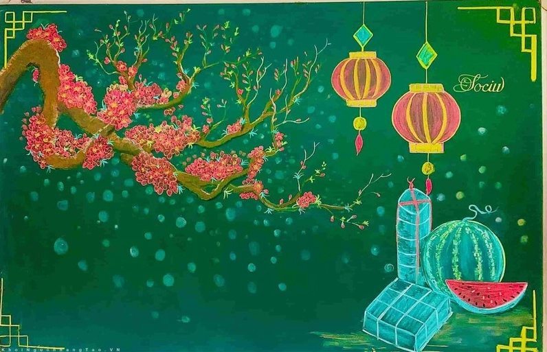 Bảng tết với hình ảnh trang trí truyền thống và lời chúc