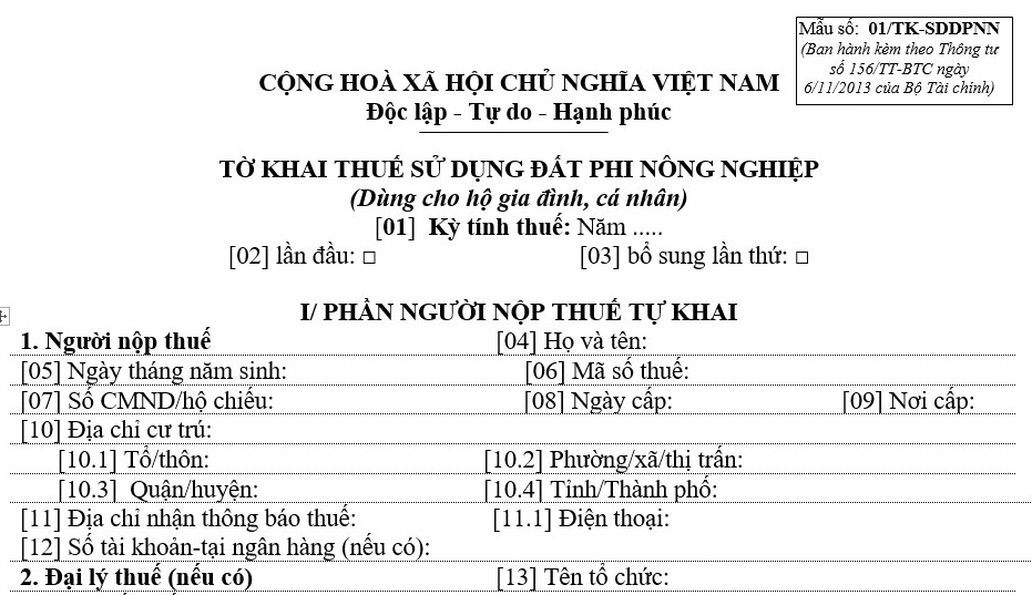 Biểu mẫu tra cứu thuế đất phi nông nghiệp