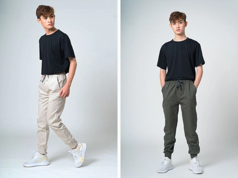 Các loại quần jogger khác nhau về chất liệu và màu sắc.