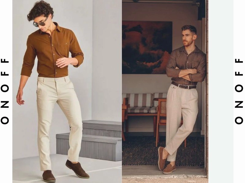Chàng trai mặc quần nâu với áo thun đen và giày sneaker