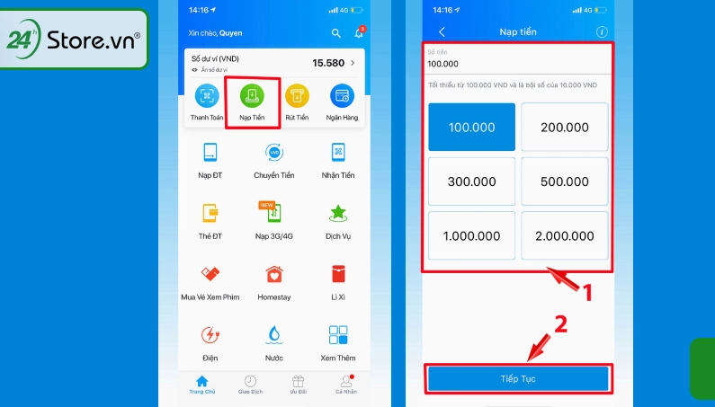 Chọn nguồn tiền là tài khoản ngân hàng liên kết để nạp vào Zalo Pay