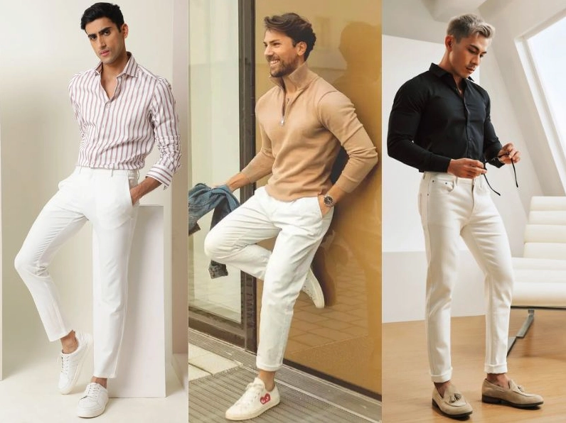 Cô gái diện quần kaki trắng phối với áo kiểu trễ vai màu đen