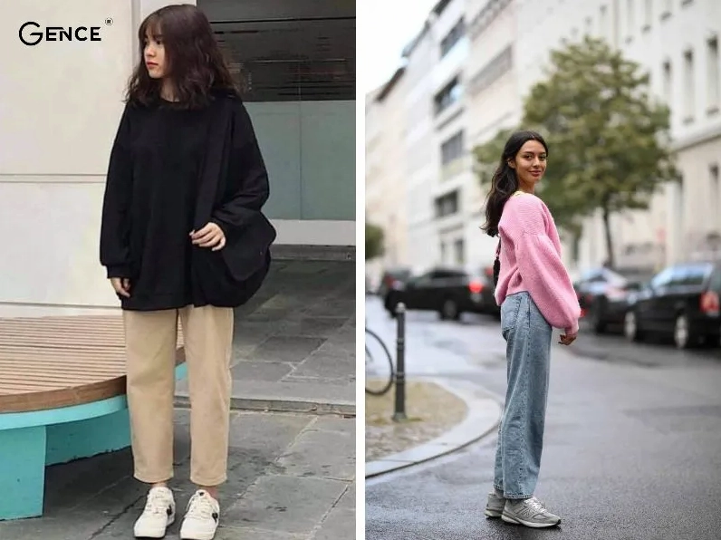 Cô gái phối áo sweater hồng với chân váy caro