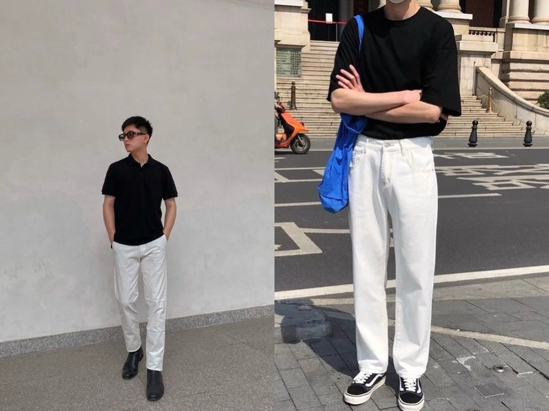 Cô gái trẻ trung diện quần kaki trắng phối với áo sơ mi oversized và giày sneaker