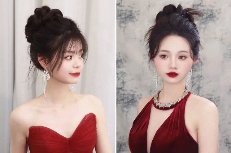 Cô gái với kiểu tóc búi cao sang trọng đi tiệc