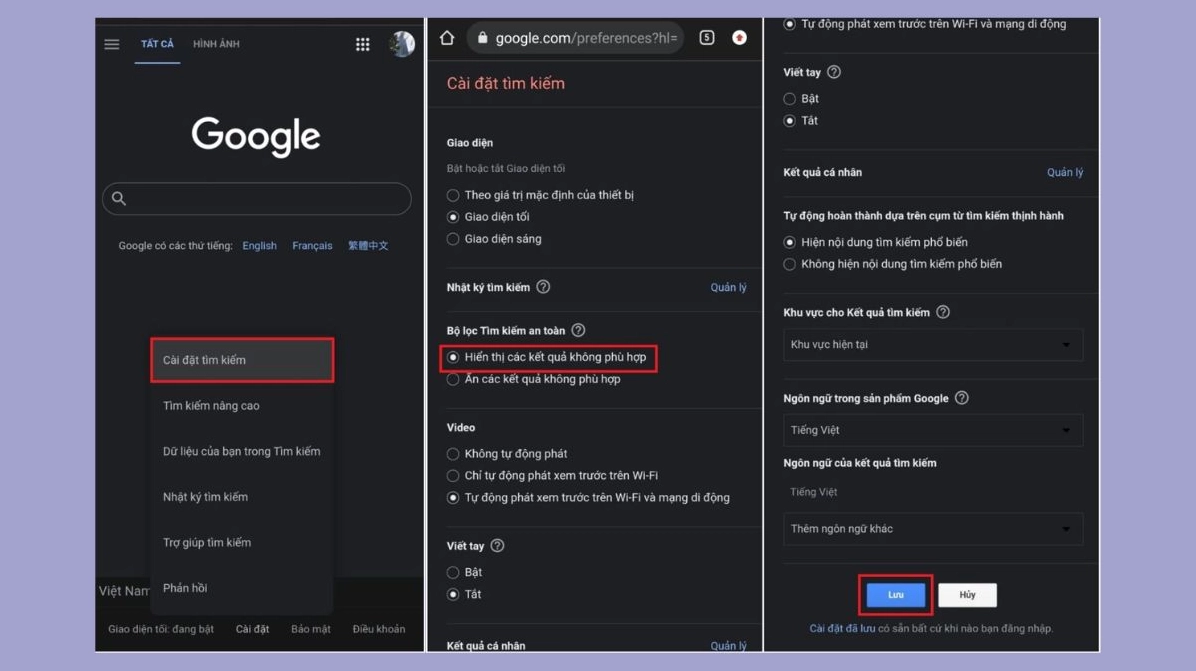 Giao diện cài đặt Tìm kiếm An toàn của Google