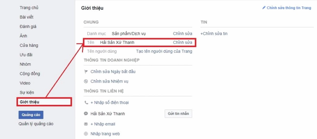 Giao diện chỉnh sửa tên page Facebook