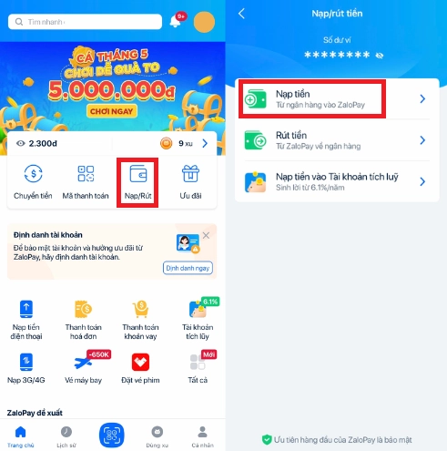 Giao diện nạp tiền vào Zalo Pay trên ứng dụng Zalo