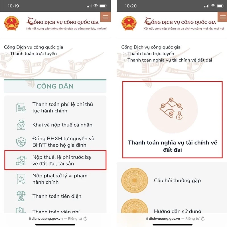 Giao diện nộp thuế đất ở online qua ứng dụng ngân hàng