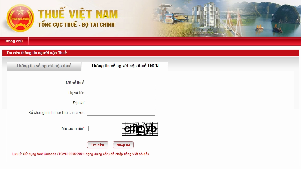 Giao diện tra cứu mã số thuế cá nhân