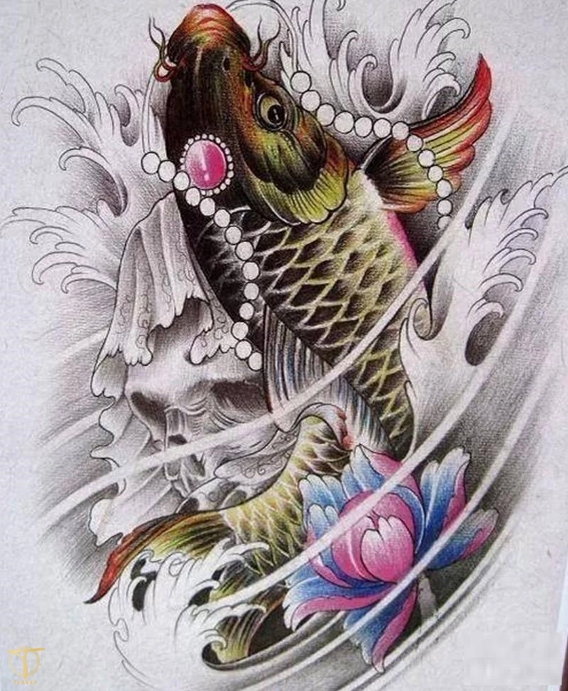Hình xăm cá chép và hoa sen tinh tế