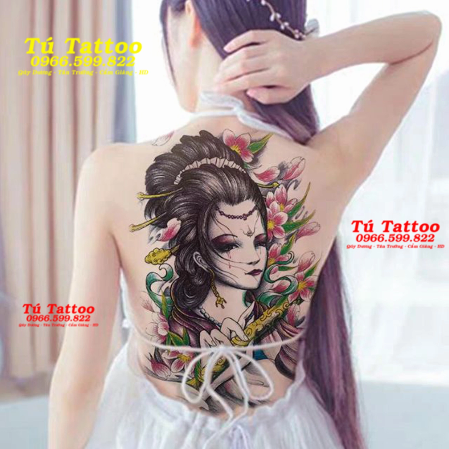 Hình xăm full lưng nữ phong cách Nhật Bản