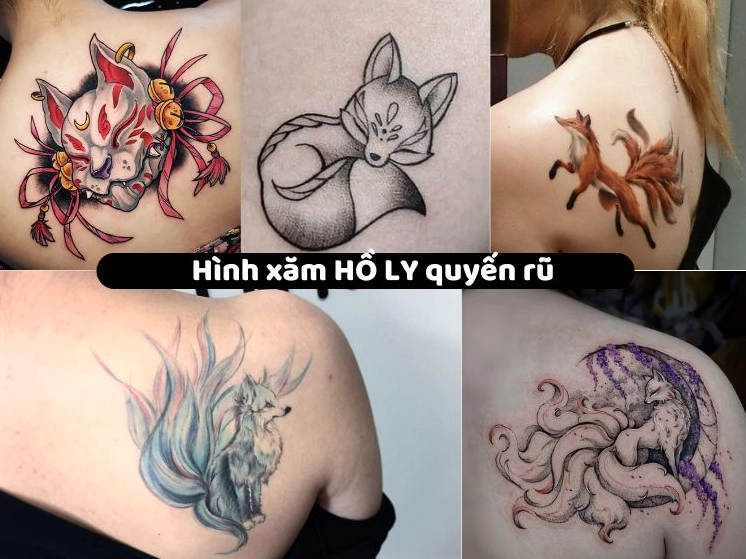 Hình xăm hồ ly kết hợp hoa và các chi tiết tinh xảo