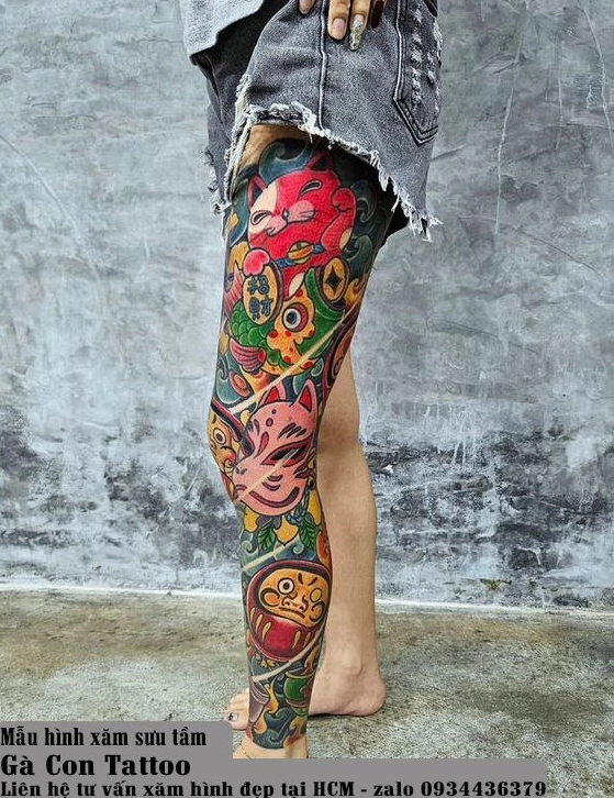 Hình xăm mèo thần tài full chân với màu sắc rực rỡ và chi tiết phong phú