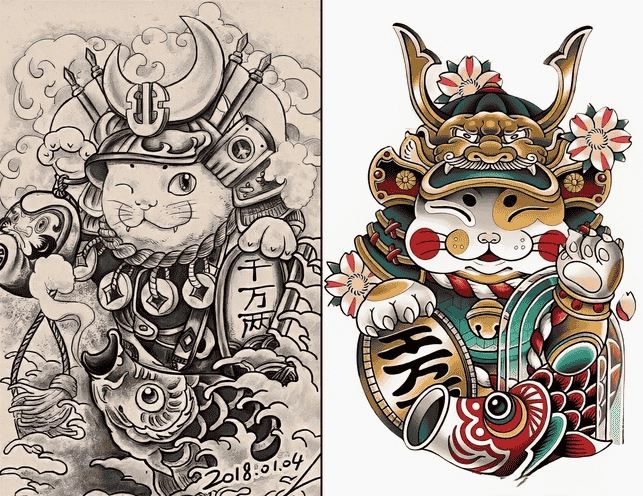 Hình xăm Mèo Thần Tài Samurai với phong thái uy nghiêm
