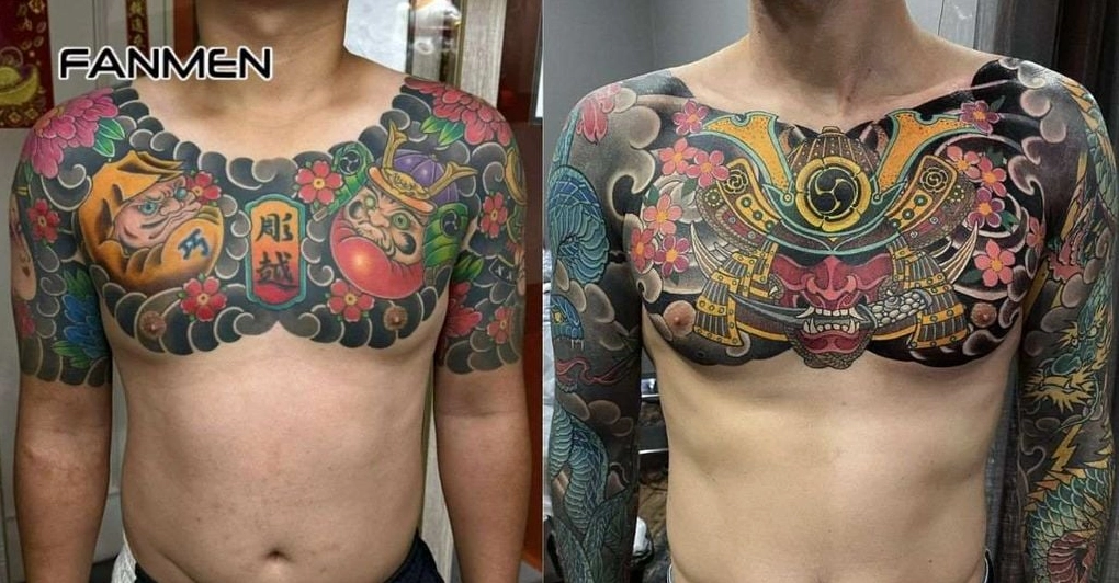 Hình xăm nhật cổ chủ đề hoa mẫu đơn và cá chép trên ngực