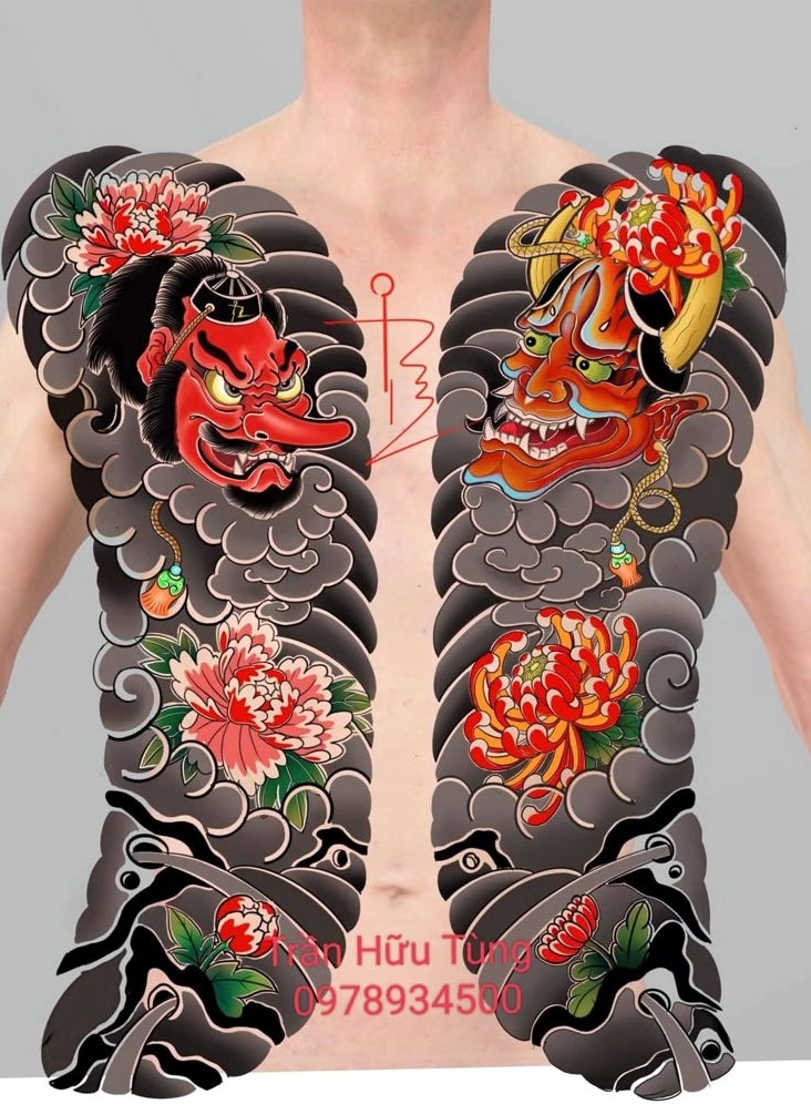 Hình xăm nhật cổ trước ngực với chủ đề rồng và hoa