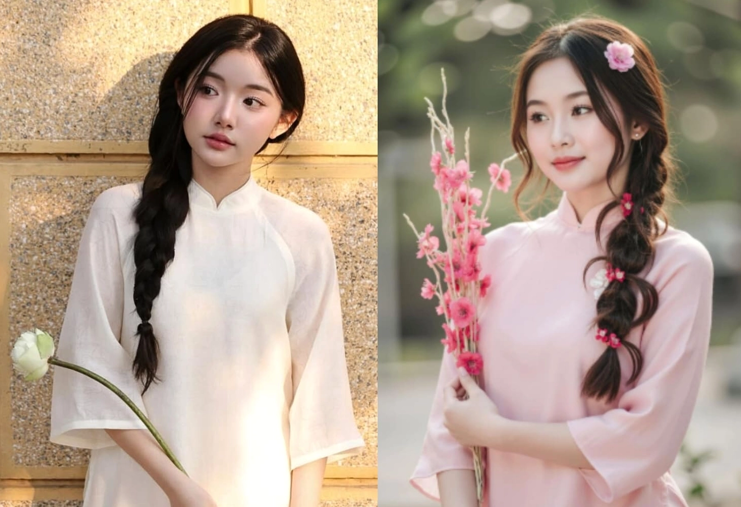 Kiểu tóc buộc ngựa với phụ kiện khi mặc áo dài
