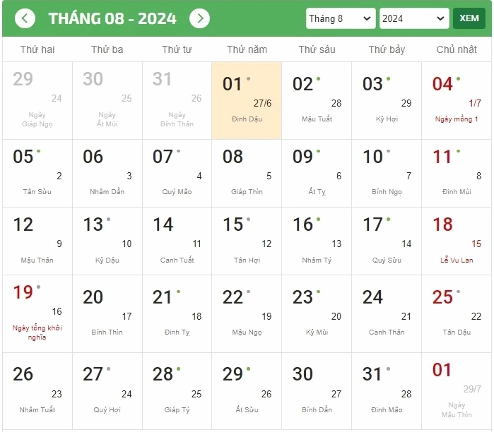 Lịch tháng 8 Âm lịch, cho thấy ngày Rằm tháng 7